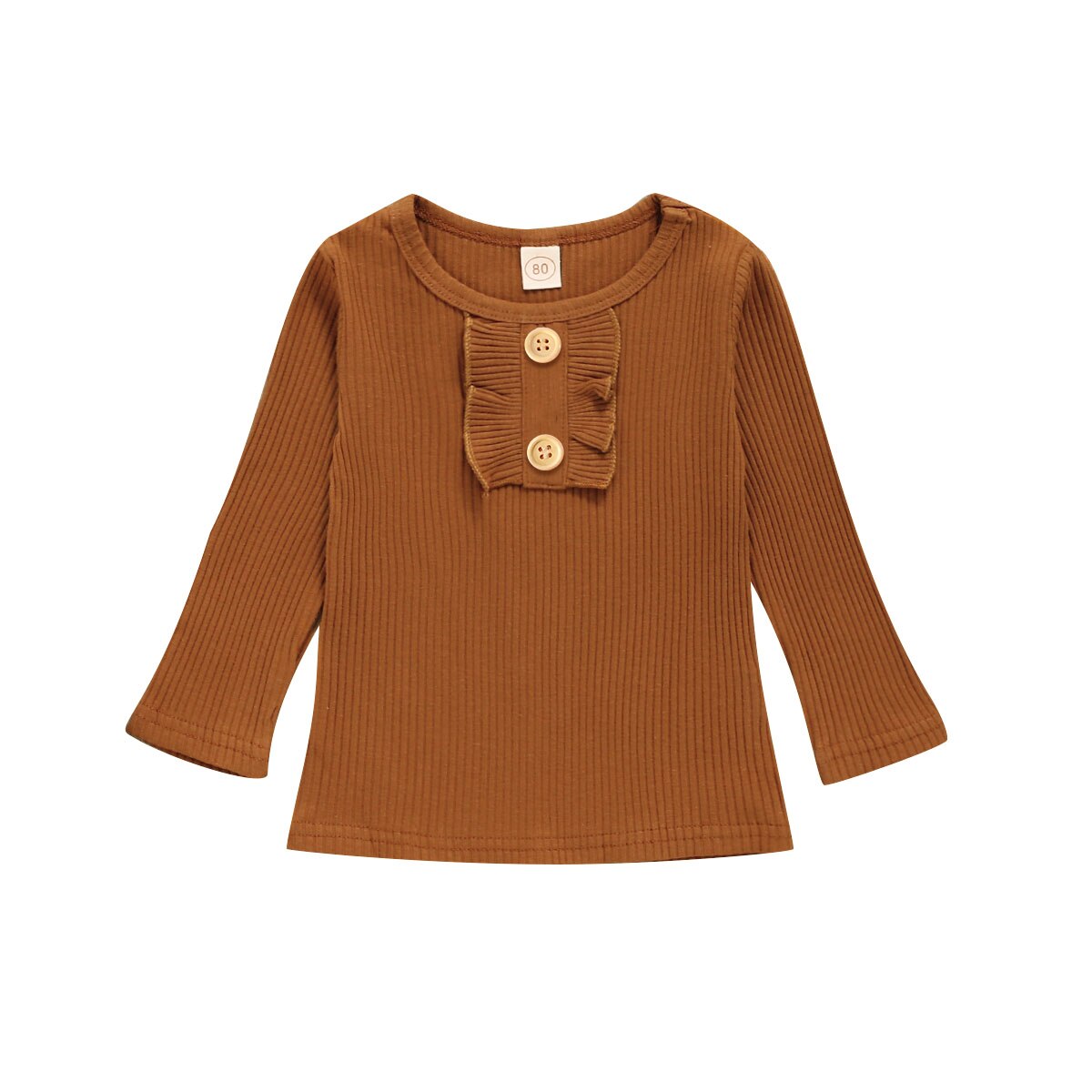 Herfst Winter Gestreepte Baby Meisjes Lange Mouw T-shirt Effen Kleur Ruche Decoratie Knop Klassieke Ronde Hals Lente Kleding: A / 120