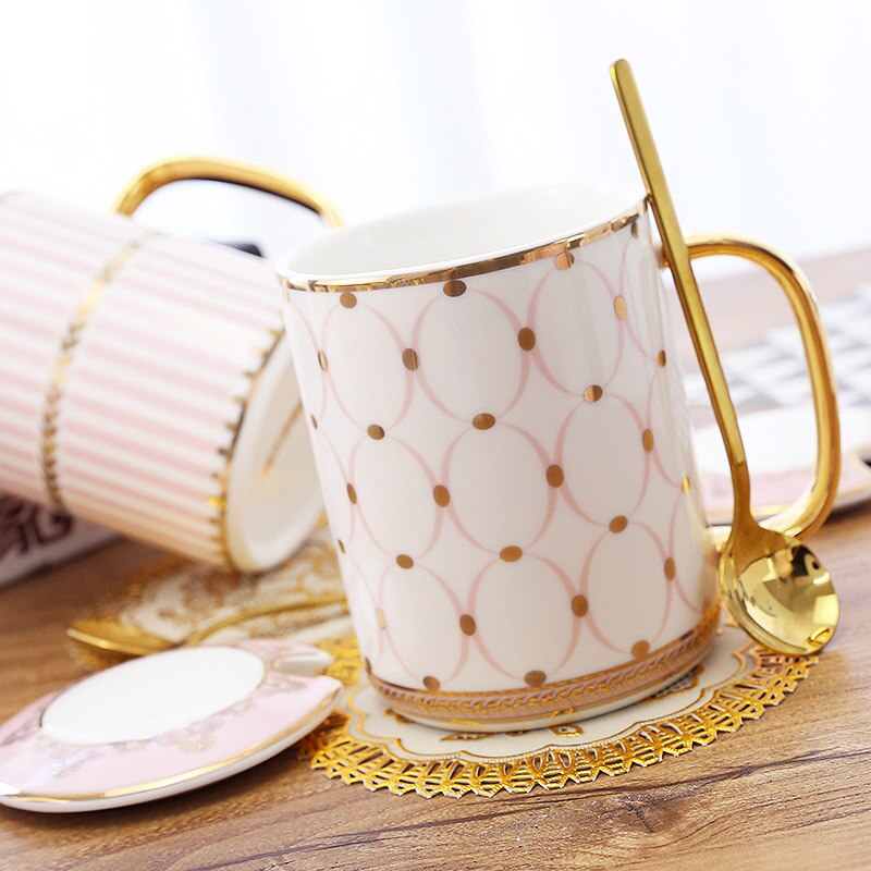 8 models Europe coffee mug Geometric Gold Line China Bone Milk Tea Cup Cover spoon travel mug Water cup 350ml: M08