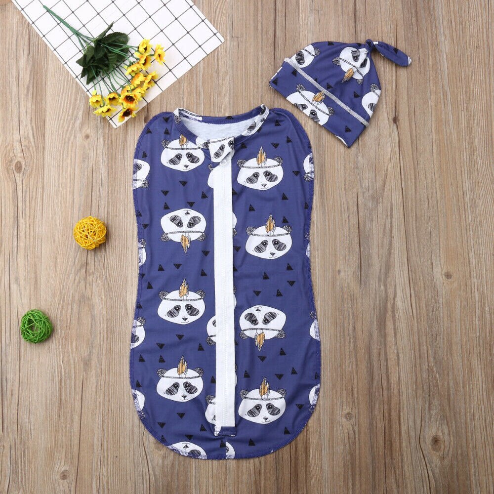 Pasgeboren Baby Jongen Meisje Slaapzakken 2Pcs Katoen Rits Inbakeren Deken Wrap Warme Slaapzak Hoed Voor Baby 0-6Months
