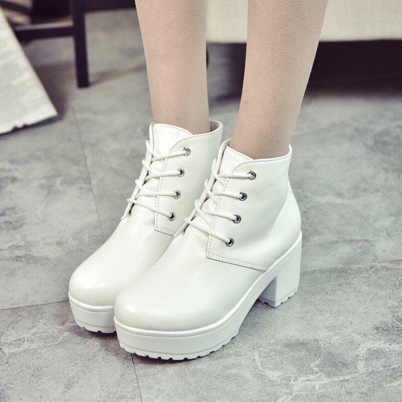 Black White Boots Heels 6CM PU leather Boots Women Platform Heels Ankle Boots for Women Chunky Heel Shoes Zapatos Plataforma