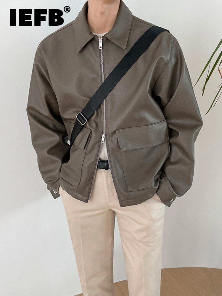 IEFB Korean Style Biker Lapel Men PU Leather Jacket 2022 Spring Black Zipper Coats Simple Chic Loose Jackets 9A1170