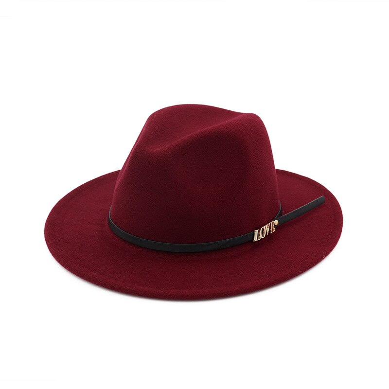 Men Wool Fedora Hat Wide Brim Women Faux Woolen Ladies Fedora LOVE Logo Jazz Hat Belt Caps Bowler Felt Hats Autumn Winter: Wine Red