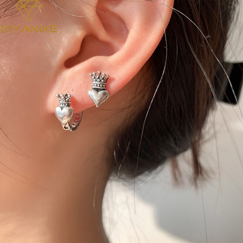XIYANIKE Silver Color Crown Love Heart Earring Female Retro Temperacy Romantic Handmade Jewelry Accessories