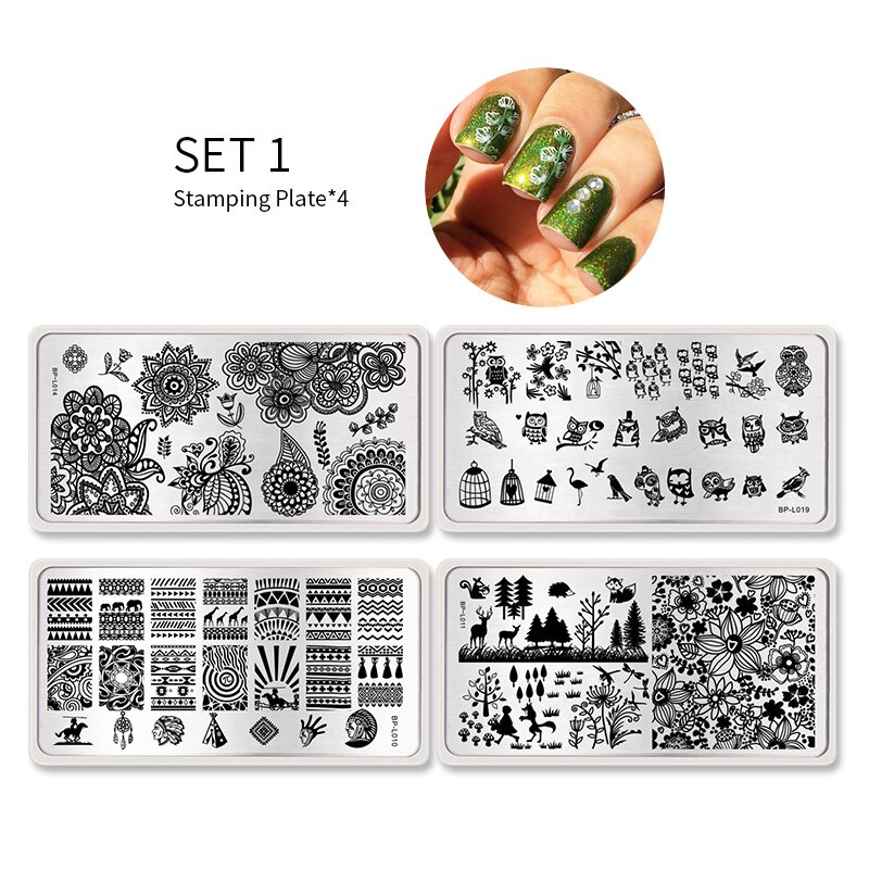 Geboren Pretty Nail Stempelen Platen Set Bloem Gemetory Diy Afbeelding Afdrukken Stencil Tool Nail Stempelen Template Met Stamper: 4PCS Set 1