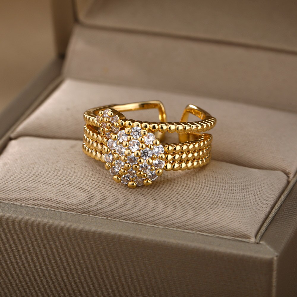 Verstellbare zirkonia-ringe mit blumenmuster für damen, edelstahl, Gold- und silberfarben, paarringe, hochzeitsschmuck, anillos mujer