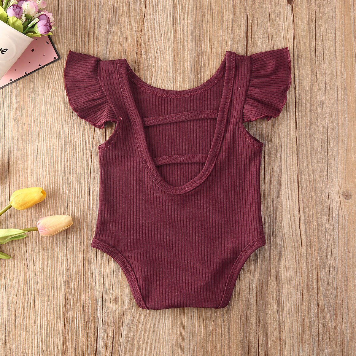 0-24M Newborn Infant Baby Girls Boys Bodysuits Solid Ruffles Short Sleeve Backless Jumpsuits 2 Colors