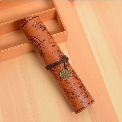 Vintage Pirate Treasure Map Pencil Cases PU Leather Roll Pen Bag Pouch For Stationary School Supplies Make Up Cosmetic Bag: Light Brwon