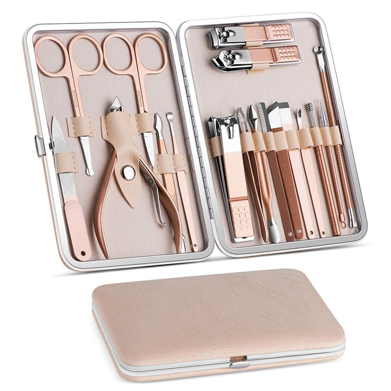 7/10/12/15/18Pcs/Set Nail Kit Set Rose Gold Stainless Steel Multifunction Manicure Set With Luxurious Travel Case: 18Pcs