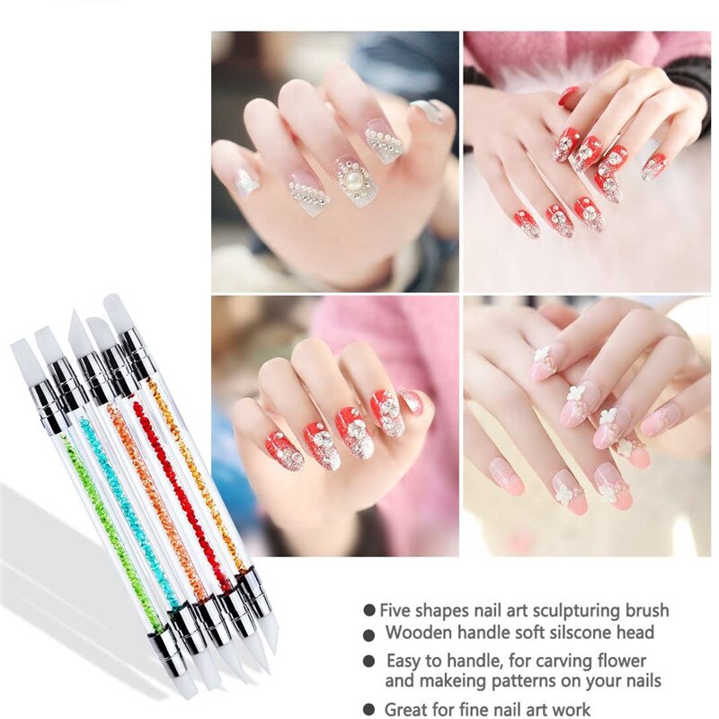 5Pcs 2 Way Nail Art Sculpture Pen Silicone Rhinestone Polish Emboss Carving Drawing Handle Nail Art Brush Manicure Tool Set