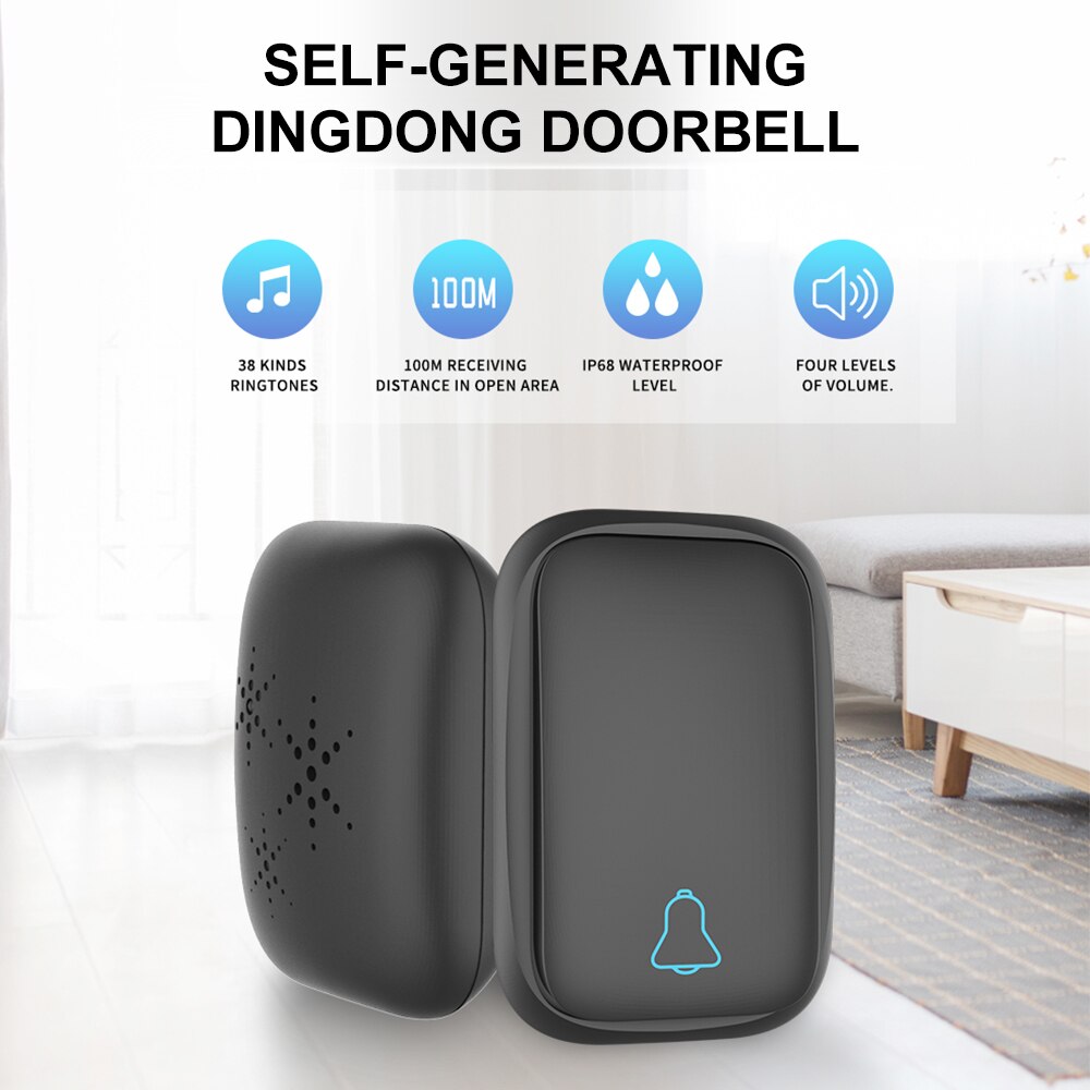 Wireless Door Bell Doorbell Mini Waterproof Doorbell Kits Battery Free Chime Operating 500 Feet 3 Volume Levels Indicator Light