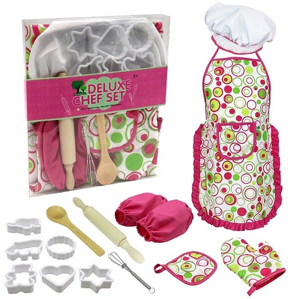 25Pcs Stainless Steel Kids House Kitchen Cooking Cookware Children Pretend Play Kitchen Playset Baking Clothes Apron: 15set