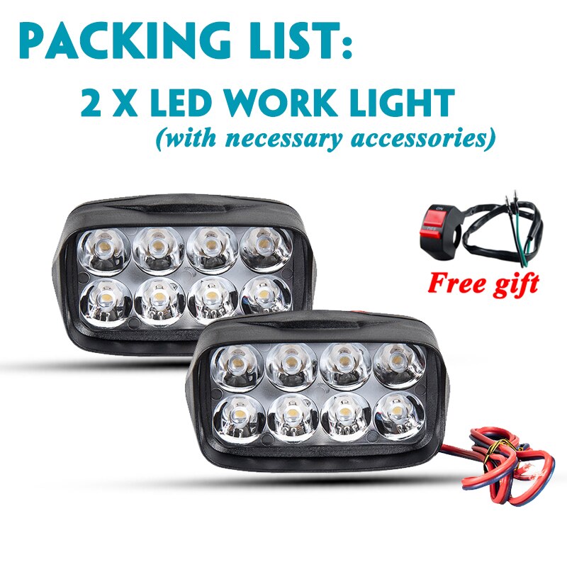 Motorcycle Headlight 12V Motorbike Spot Head Light 8 12 16 led Scooter ATV Moto Headlamp 24V Motor auxiliary driving Work light: 8 led 2pcs