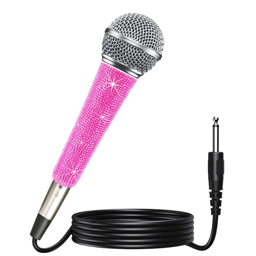 Micrófono de karaoke Bling Pink: micrófono vocal dinámico con cable XLR, cuerpo de metal, mango brillante para cantar, fiestas