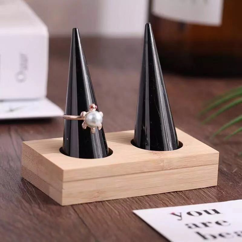 Natural Wood Cone Shape Finger Ring Stand Jewelry Display Holder Showcase Display Stands Rings Bracelet Jewelry Tray: 2bits black