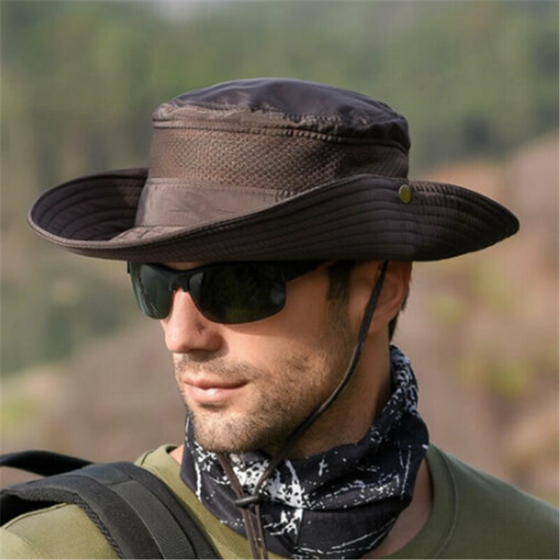 Jahrgang Cowboy Hütte Männer Gittergewebe Eimer Kappen Für Männer Sommer Kappen Breite Krempe UV Schutz Klappe Hütte Männer Ich bin Freien Atmungsaktiv Strand Kappen
