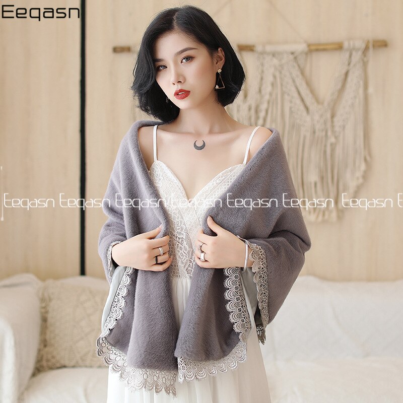boléro mariage Wrap fausse fourrure étole Cape avec strass dentelle bord écharpe fourrure bordeaux hiver femmes manteau mariée châle: Gris