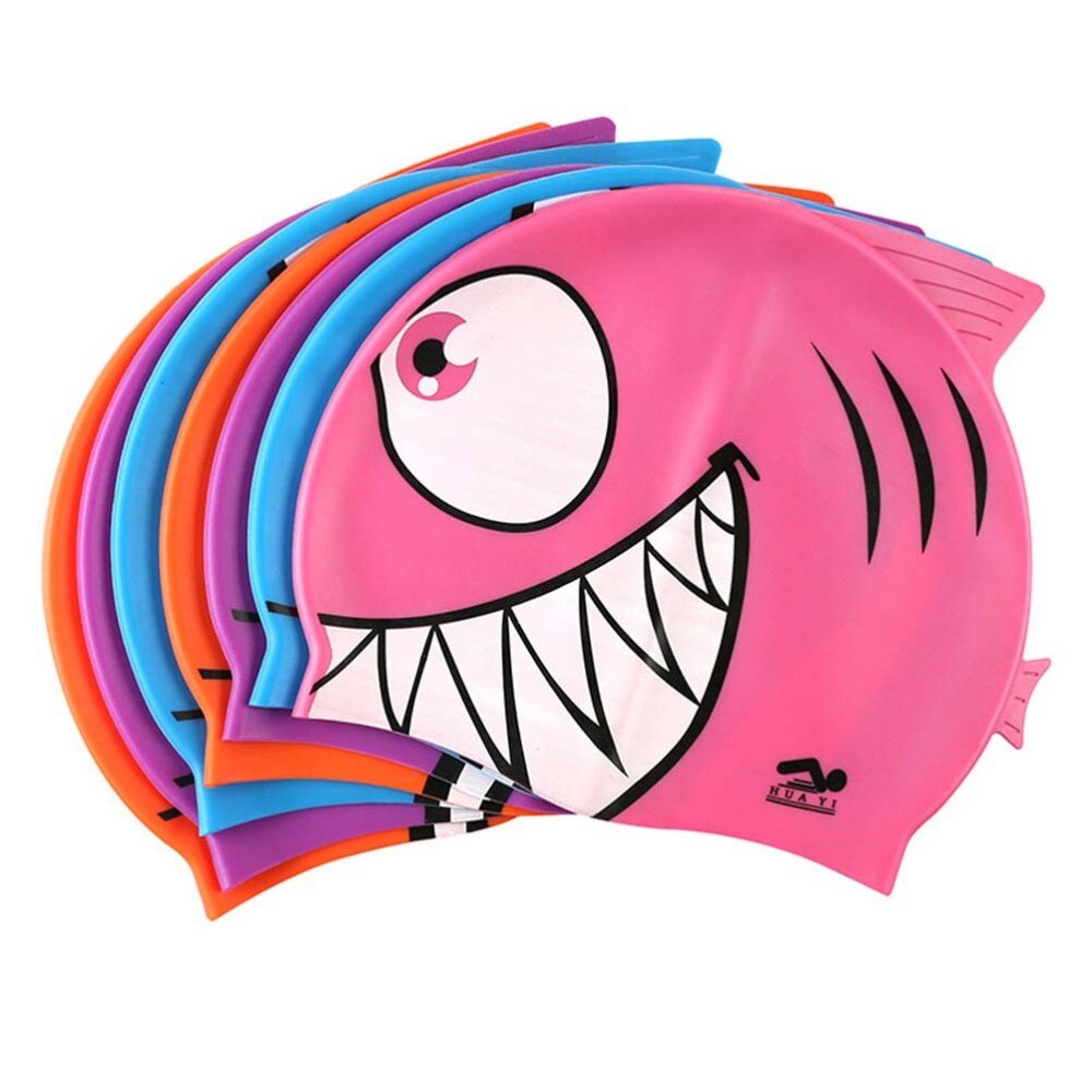 Bonnet de bain élastique en Silicone en forme de poisson pour enfants, chapeau de natation étanche en forme de requin de dessin animé (requin, rouge)