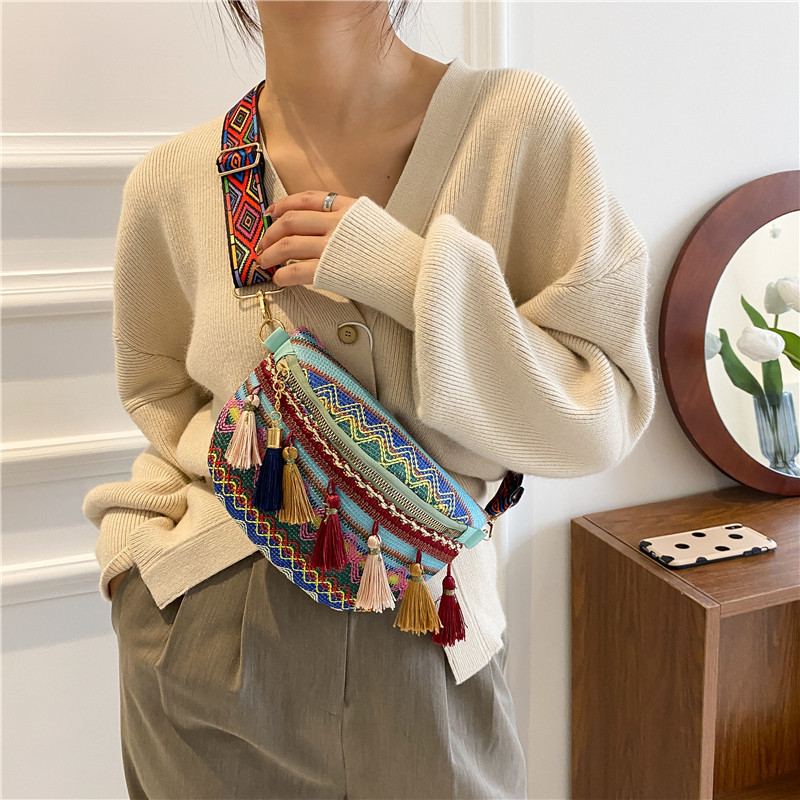 Dame boheme fanny pack kvinder piger crossbody pung broderi boho talje pung bum taske med kvast