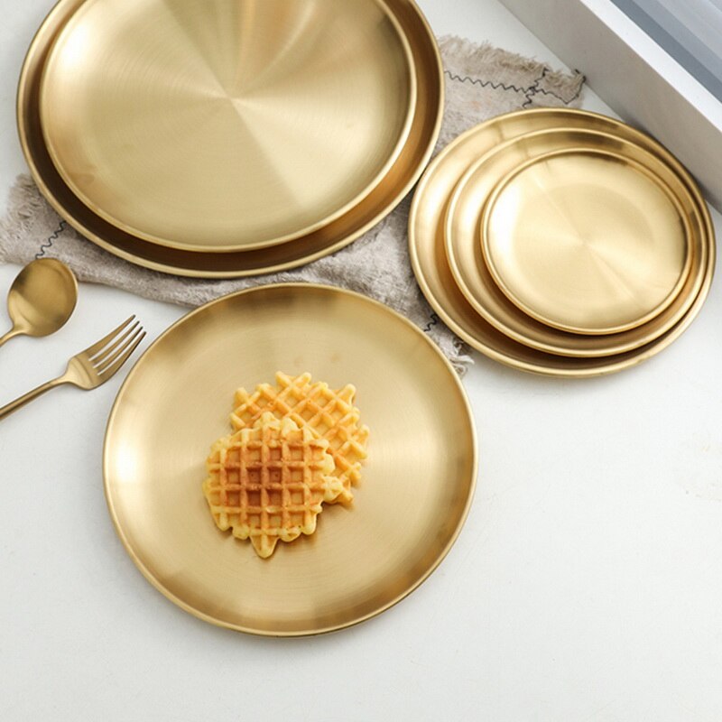 Gold Essen Platte Schüsseln Europäischen Stil Abendessen Platten Runde Platte Kuchen Tablett Westlichen Steak Runde Tablett Küche Geschirr #