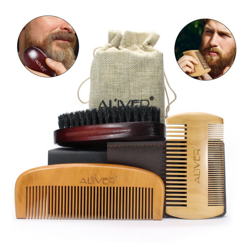 Men Moustache Beard Comb Kit for Men Beard & Mustache Beard Bristles Brush Natural Schima Wood Comb Beard Stylish