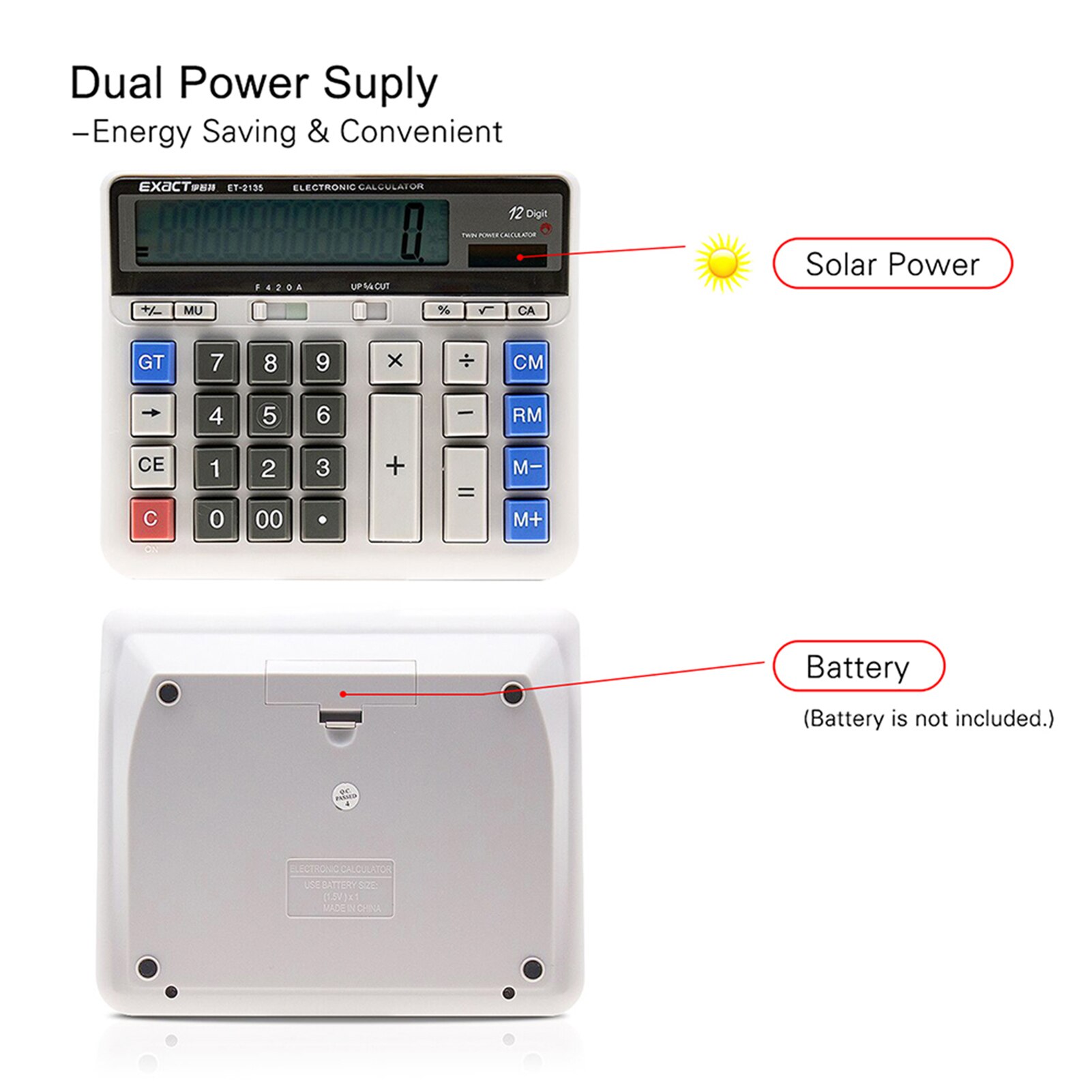 Large Computer Electronic Calculator Counter Solar &amp; Battery Power 12 Digit Display Multi-functional Big Button fo Calculating