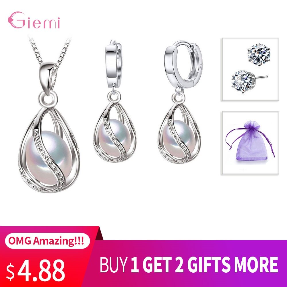 Top Wedding Party Jewelry Sets 925 Sterling Silver Pearl Water Tear Pendant Necklace Hoop Earrings Buy 1 Get 2