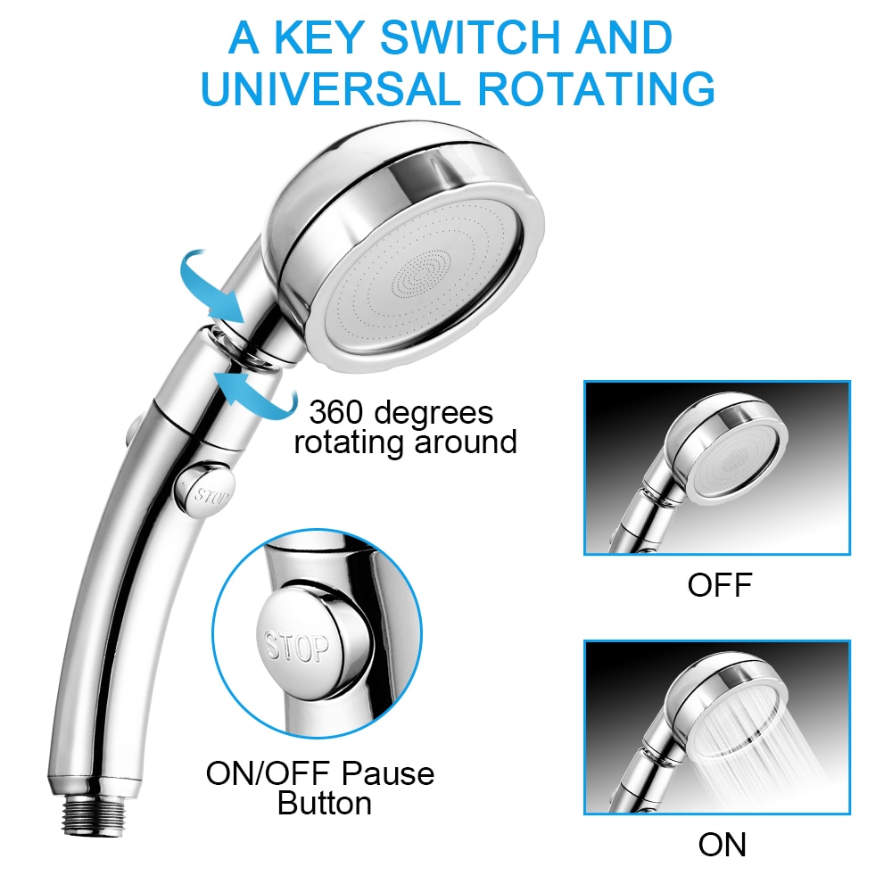 Cabeça de chuveiro portátil de alta pressão chrome 3 configuração spary com ligar/desligar interruptor pausa economia água ajustável luxo spa det