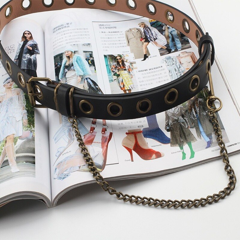 Women Punk Chain Belt Adjustable Single Row Hole Eyelet Waistband with Eyelet Chain Decorative Belts
