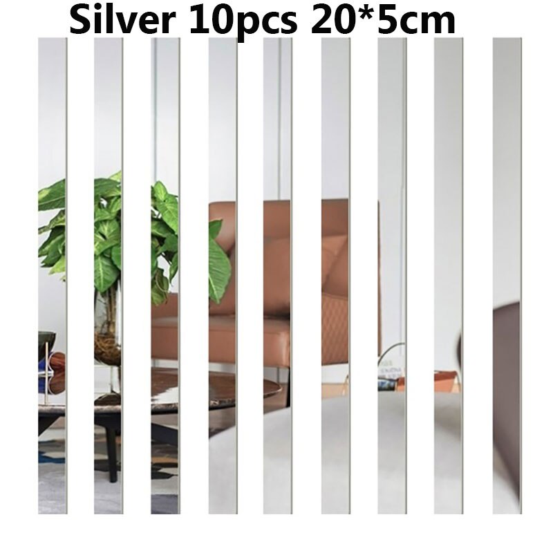 10pcs Long Rectangle Acrylic Mirror Wall Stickers Self Adhesive Removable Decals Living Room TV Back DIY Art Wall Decor: Silver