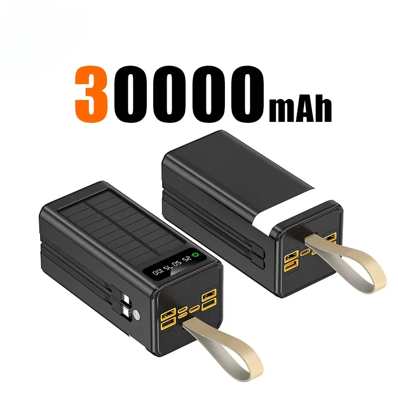 50000 mah solcelle-powerbank med stor kapacitet, indbyggede kabler, eksternt batteri, led-lys, bærbar oplader til iphone: Guld