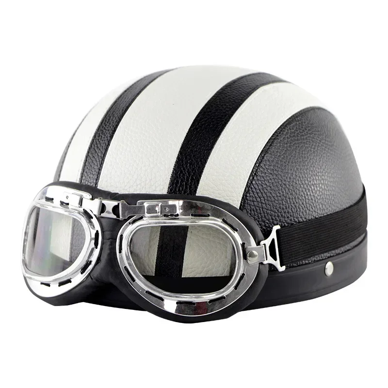 Classic Stripe Motorcycle Safety Helmet Men Women PU Leather Vintage Motor Electric Scooter Goggles Half Helmets: Clear