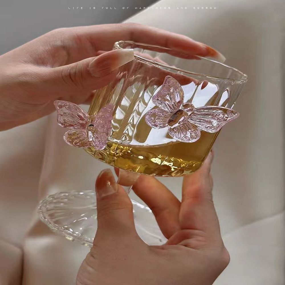 Light Luxury Glass Goblet With Butterfly Ornament Heat-Resistant Stripe Wine Glass Household Cold Drink Glasses Party Supplies