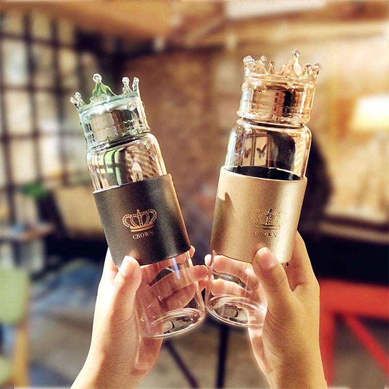 Glass Water Bottle With Crown LId Black Golden Portable High Borosilicate Heat Resistant Sports Water Bottle