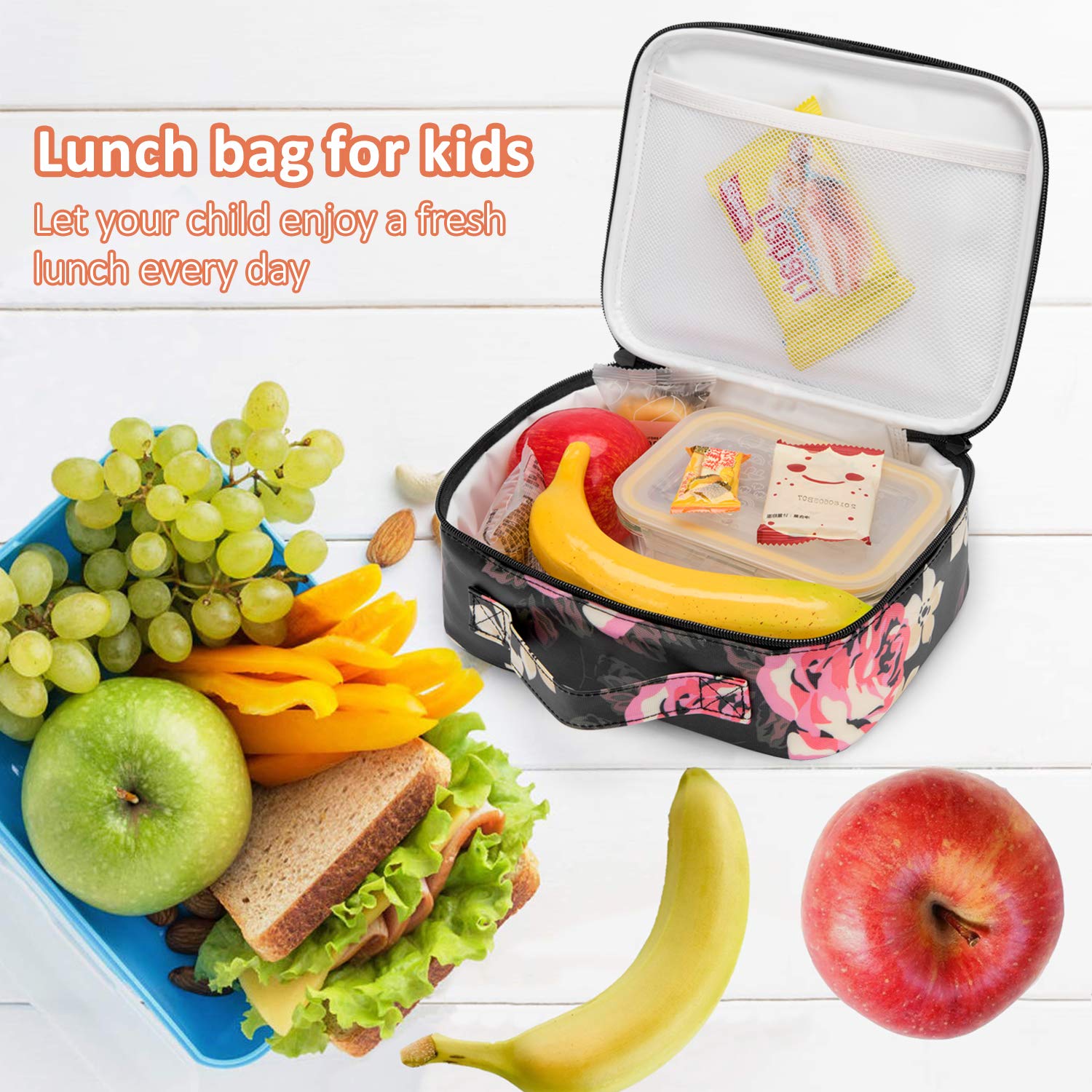 Portable Lunch Bag for Kids Girls Lunch Box Insulated Cooler Bag Water-resistant Thermal Tote Snacks Organizer,Flower Pattern