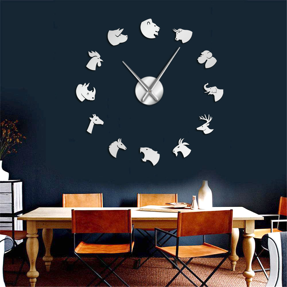 Zoo Animals DIY Large Frameless Mute Wall Clock Wildlife Mirror Stickers Safari Animal Heads Modern Living Room Decorative Watch