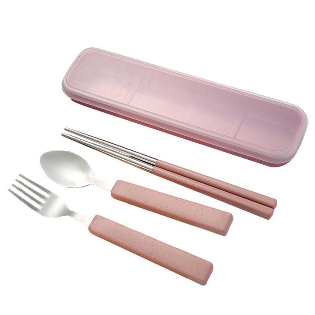 3 Stks/set Lepel Vork Eetstokjes Roestvrij Staal Reizen Bestek Servies Doos # Jood: Pink