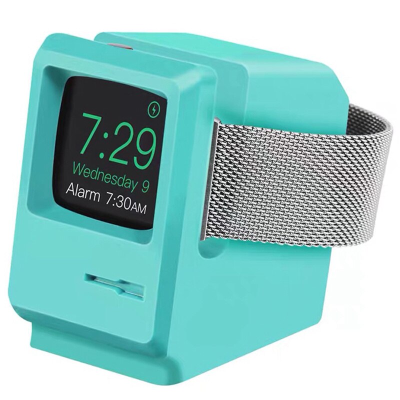 Voor Apple Horloge 7 6 5 4 Iwatch 3 2 1 Silicone Stand Charging Dock Houder Retro Computer Patroon Nachtkastje keeper Beugel Base: Mint Green