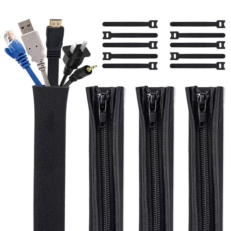 4 Pack Kabel Management Mouw Met 10 Stuks Kabel Tie Cord Organizer Kabel Cover Wrap Draden Hider Systeem Met Rits