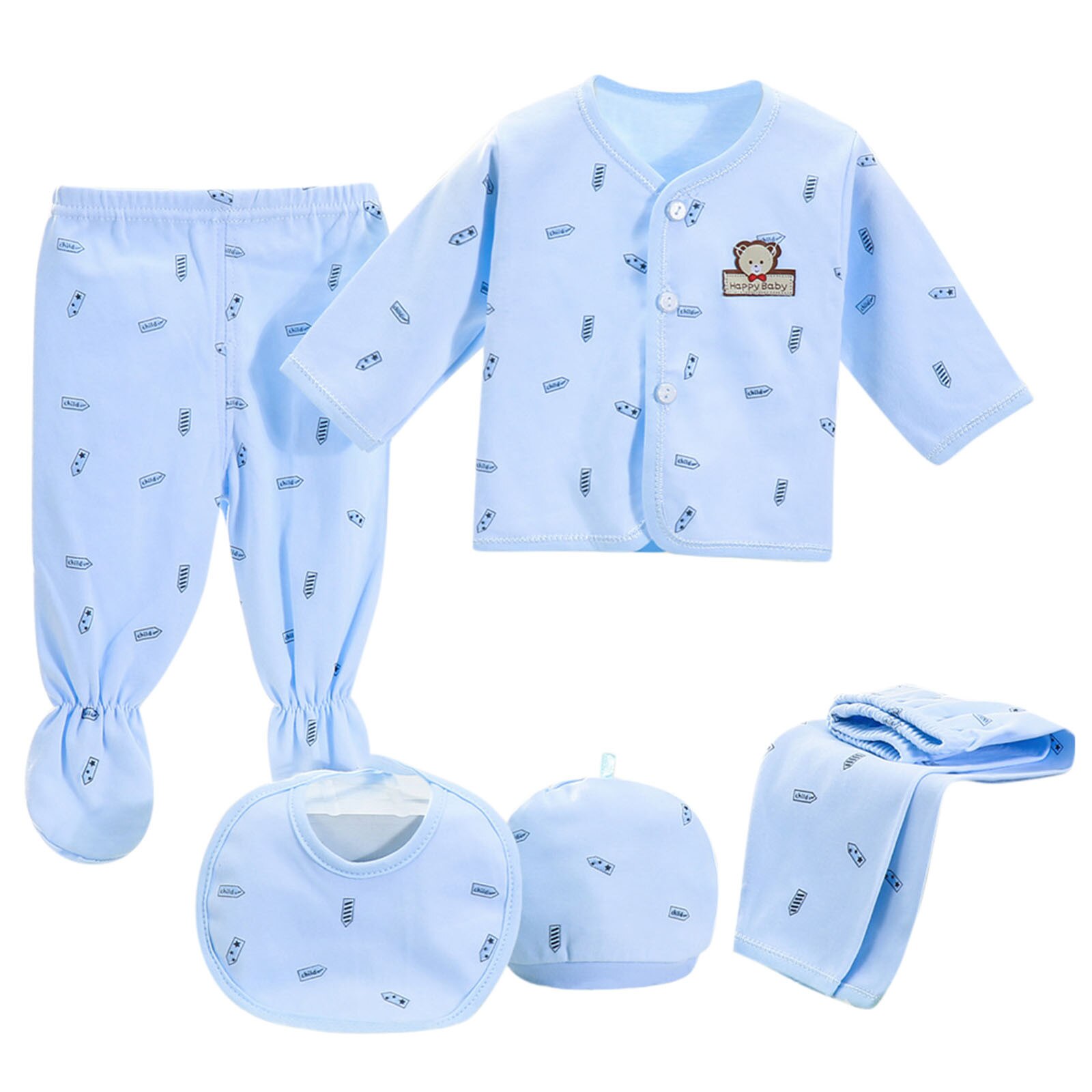 5Pcs Baby Kleding Set Baby Jongens Meisjes Cartoon Gedrukt Met Lange Mouwen Tops + Hoed + Broek + Bib Outfits set Pasgeboren Nachtkleding Ropa De Baby: Blauw