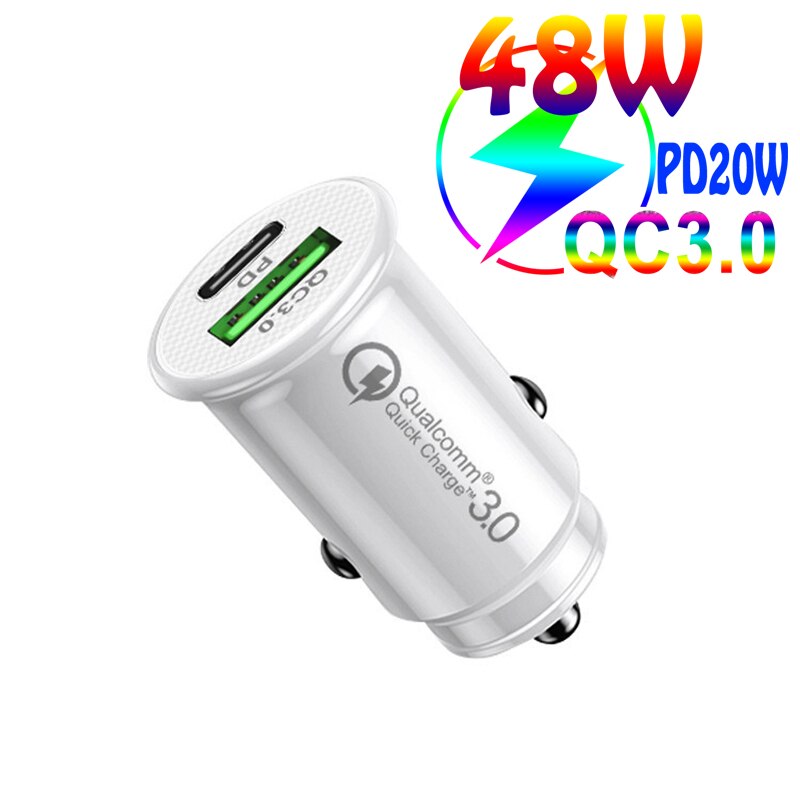 48W Mini Dual ports Car Charger For Mobile Phone Tablet GPS Fast Charger Car- Charger Car USB Phone Charger Adapter in Car PD QC: White