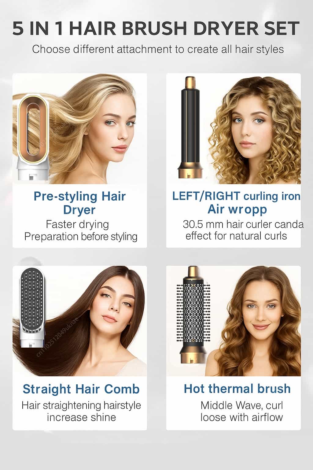 5 in 1 hårføner, luftkam, krølltang, rettetangbørste, for styling og volumgivende hår til alle hårtyper