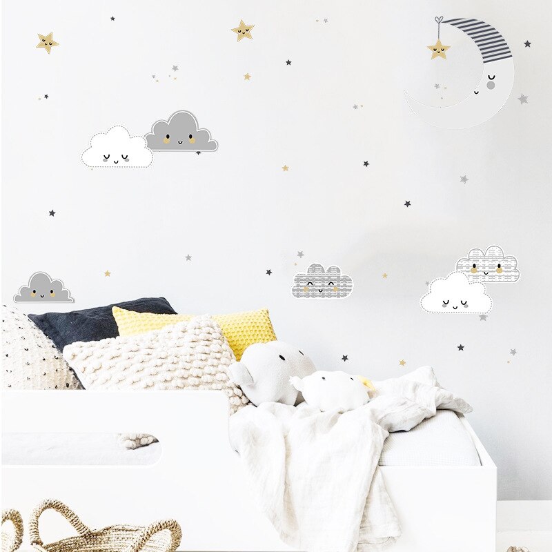 Cartoon Clouds Moon Wall Sticker Cute Pattern Kids Baby Room Home Decoration Bedroom Background Wallpaper Combination Stickers