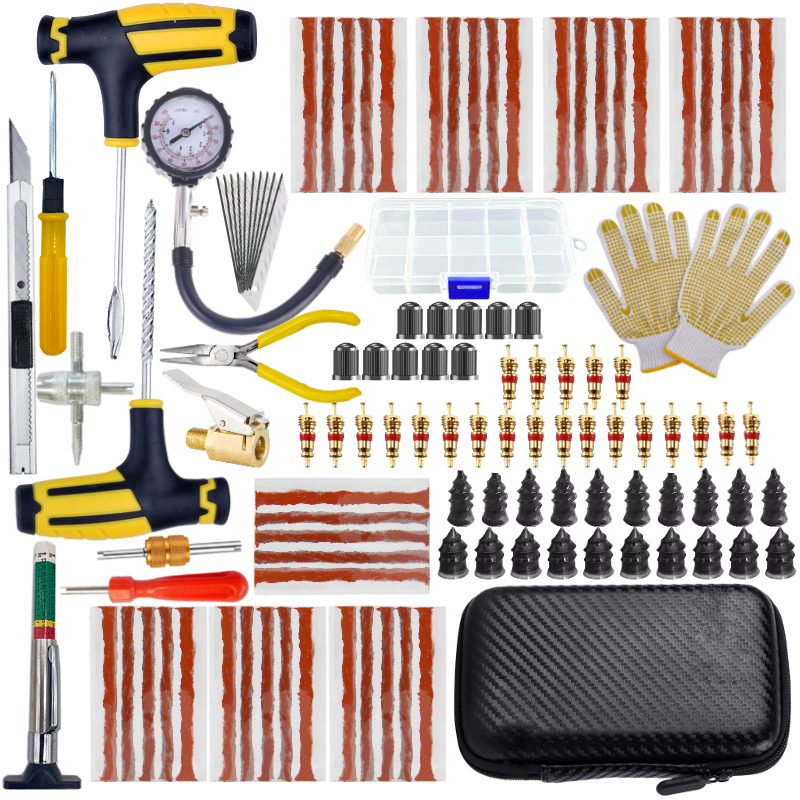 Kit de reparo de pneus de carro, ferramentas de plugue de punção, emergência para tiras de pneus universais, kit de ferramentas de reparo de cola: Preto