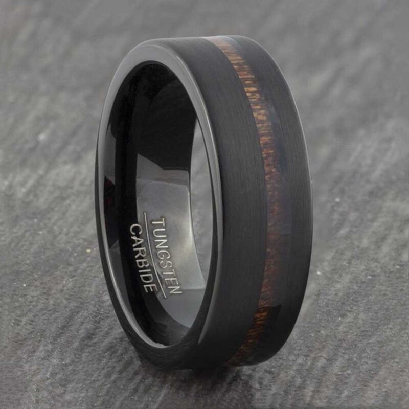 Men's Tungsten Carbide Ring Inlay Wood Black Stainless Steel Ring Wedding Band Anniversary