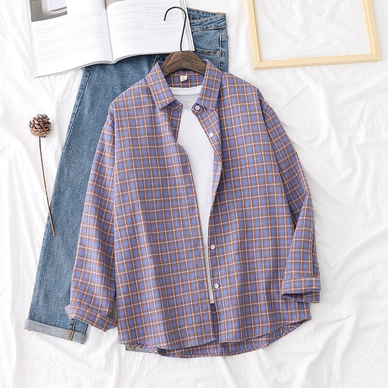 Hsa dam vintage rutig blus turn down krage dam lila skjorta chica kläder långärmad knapp kvinnliga blusas toppar