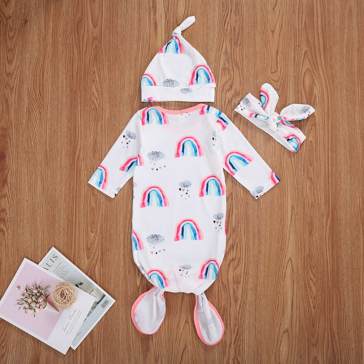 0-9M Pasgeboren Baby Meisjes Jongens Nachtkleding Hoofdband Rainbow Print Lange Mouwen Katoenen Deken