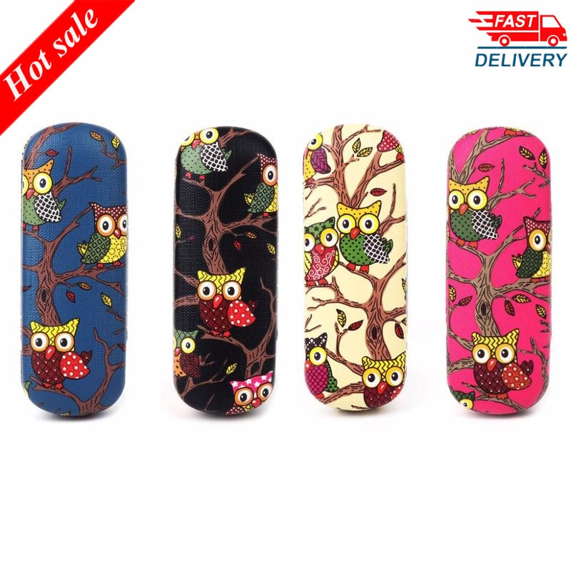 Draagbare brillendoos voor dames, cartoon uil, dier, schattige zonnebril, opberghoes, beschermhoes, 1 x brillendoosjes en tassen