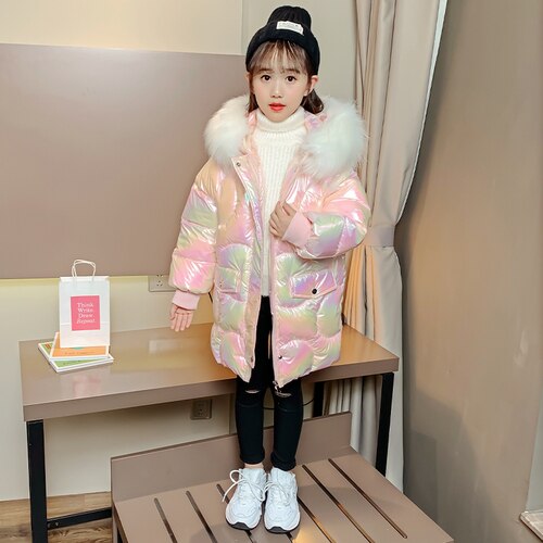 Chaqueta acolchada de plumón brillante para niña, abrigos de algodón sin lavado, ropa de invierno de longitud media, novedad: Pink / 9T 150CM