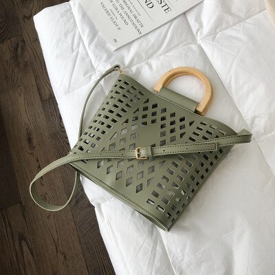 DIGERUI femmes sacs sacs à main évider plage sac Bolsa Feminina bois poignée fourre-tout sac à bandoulière en cuir synthétique polyuréthane sacs à main: Green
