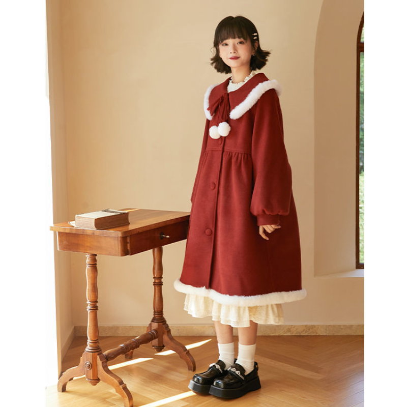 Winter Kawaii Wool Coat Women Patchwork Japanese Fur Sweet Warm Overcoat Female Korean Style Loose Trench Long Outwear Coat